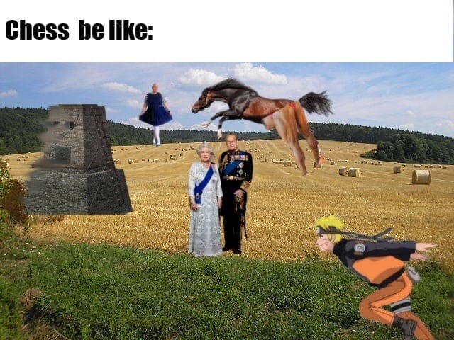 This meme is a play on the classic "chess" joke, where a person is trying to make a grandiose declaration, but their words are being undermined by a mundane or embarrassing situation. The image shows a person dressed in a fancy outfit, standing in a field, with a horse and a cannon in the background. The text "Chess be like" is written above the image, implying that the person's grandiose declaration is being ruined by a horse and a cannon, which are being used as a joke to undermine the person's dignity.